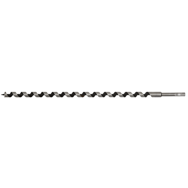 Introducing the Sealey Auger Wood Drill Ø18 x 600mm - AW18x600, a precision wood drilling tool featuring a long spiral design, hexagonal shank, and screw point tip.