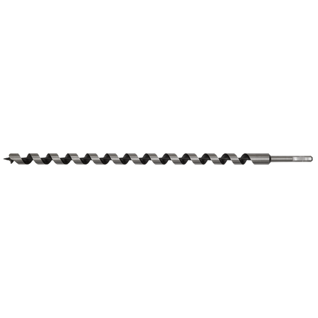 The Sealey Auger Wood Drill Ø22 x 600mm - AW22x600, featuring a hexagonal shank, spiral design, and screw point tip for precise wood drilling, is displayed in a horizontal orientation.