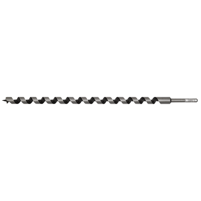 The Sealey Auger Wood Drill Ø22 x 600mm - AW22x600, featuring a hexagonal shank, spiral design, and screw point tip for precise wood drilling, is displayed in a horizontal orientation.