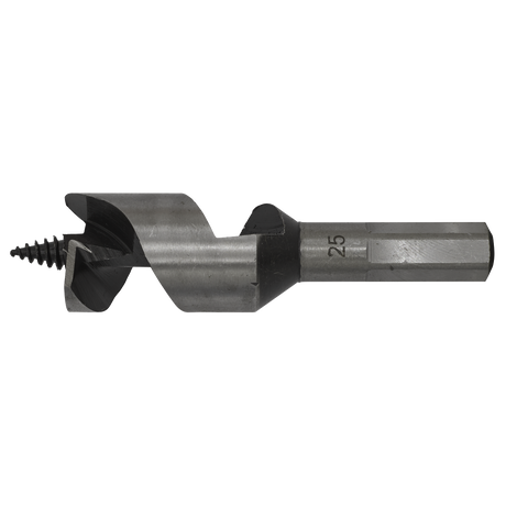 A close-up view of the Sealey Auger Wood Drill Ø25 x 100mm (AW25x100), featuring a spiral design and sharp screw point, used for drilling precise holes in materials.