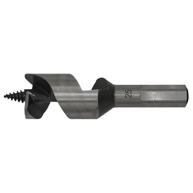 A close-up view of the Sealey Auger Wood Drill Ø25 x 100mm (AW25x100), featuring a spiral design and sharp screw point, used for drilling precise holes in materials.