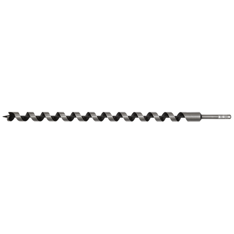 The Sealey Auger Wood Drill Ø25 x 600mm - AW25x600 is a long, metallic drill bit featuring a spiraled cutting edge, a pointed screw point, and a hexagonal shank for enhanced stability, designed specifically for drilling precise holes in wood.