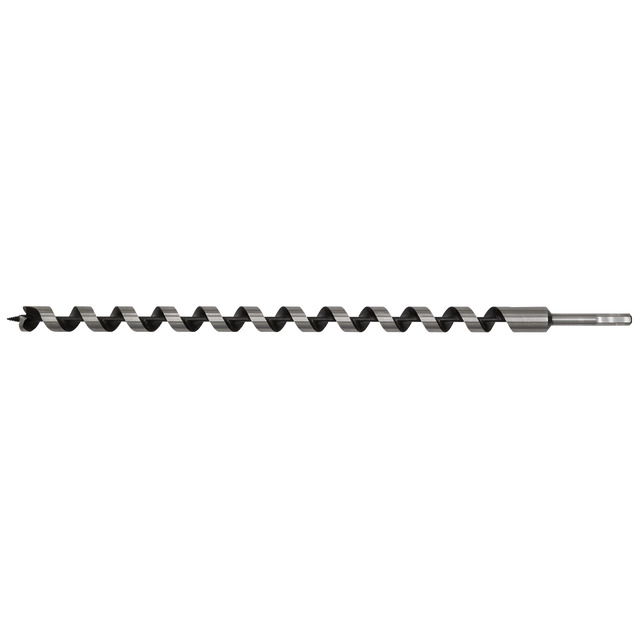 The Sealey Auger Wood Drill Ø25 x 600mm - AW25x600 is a long, metallic drill bit featuring a spiraled cutting edge, a pointed screw point, and a hexagonal shank for enhanced stability, designed specifically for drilling precise holes in wood.