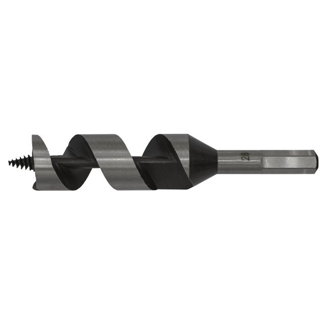 The Sealey Auger Wood Drill Ø28 x 155mm - AW28x155 features a helical screw blade and a hexagonal shank.