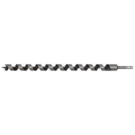 The Sealey Auger Wood Drill Ø28 x 600mm - AW28x600 features a long, spiral design with a hexagonal shank on one end and a pointed tip on the other. It is fully hardened for durability and precision when drilling into wood.