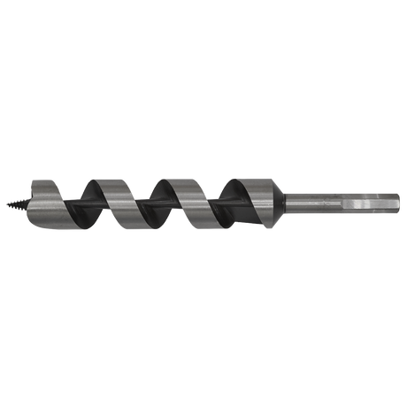 A detailed view of the Sealey Auger Wood Drill Ø30 x 235mm - AW30x235, showcasing its spiral design, hexagonal shank, and sharp screw point, ideal for drilling precise holes in wood.