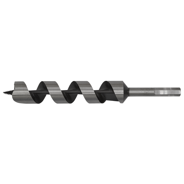 A detailed view of the Sealey Auger Wood Drill Ø30 x 235mm - AW30x235, showcasing its spiral design, hexagonal shank, and sharp screw point, ideal for drilling precise holes in wood.