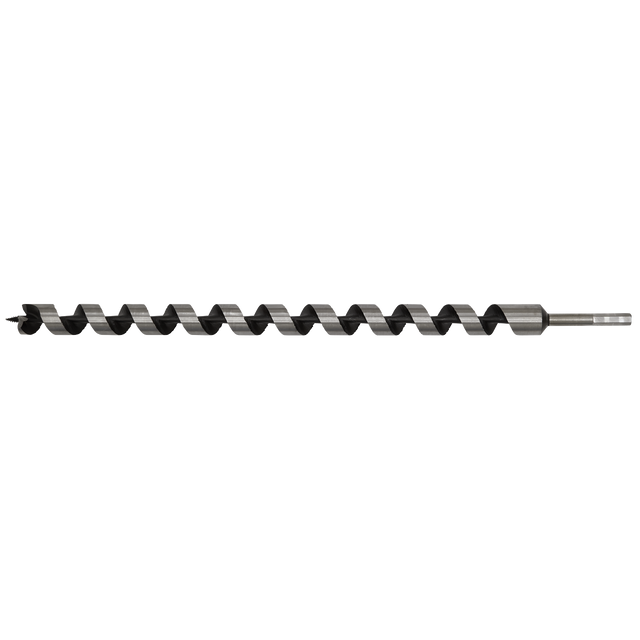 The Sealey Auger Wood Drill Ø30 x 600mm - AW30x600 features a fully hardened metal construction, spiral flute design, and hexagonal shank.