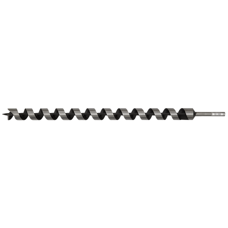A close-up of the Sealey Auger Wood Drill Ø32 x 600mm - AW32x600, showcasing its long, dark-colored design with a helical blade and a screw point for precise drilling.