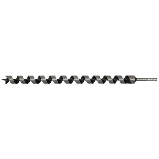 A close-up of the Sealey Auger Wood Drill Ø32 x 600mm - AW32x600, showcasing its long, dark-colored design with a helical blade and a screw point for precise drilling.
