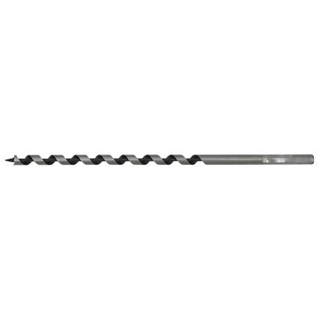 Close-up of the Sealey Auger Wood Drill Ø8 x 235mm - AW8x235, showcasing its long metal structure designed with a spiral pattern for cutting into materials. The tip is equipped with a screw point, and the shaft has a hexagonal shape.
