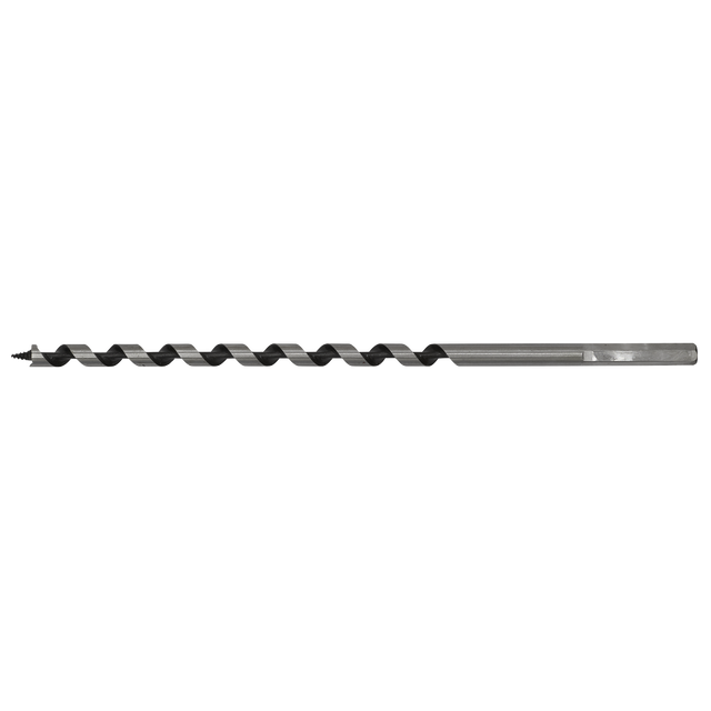 Close-up of the Sealey Auger Wood Drill Ø8 x 235mm - AW8x235, showcasing its long metal structure designed with a spiral pattern for cutting into materials. The tip is equipped with a screw point, and the shaft has a hexagonal shape.