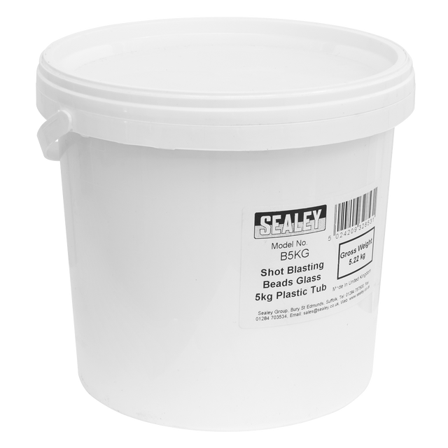 A Sealey plastic tub containing 5kg of shot blasting glass beads, sized 180-300 microns, labeled as "Shot Blasting Beads Glass 5kg Plastic Tub - B5KG.