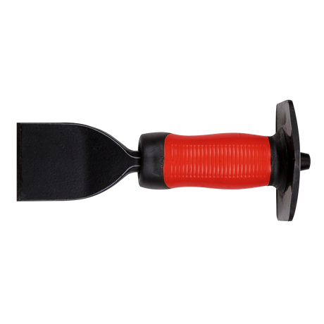 Seen from the side, the Sealey Electrician's Bolster with Grip 57 x 225mm - BB01G features a wide, flat blade made of drop-forged steel and a ribbed comfort grip handle in black and red.