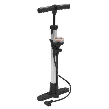 The Sealey Workshop Pump - BC110, a silver and black floor pump featuring a high-pressure gauge and a hose attached to the base, stands upright and is compatible with both Presta and Schrader valves.