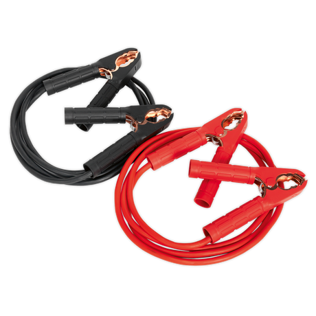 Two sets of Booster Cables 16mm² x 3m 220A - BC1630 by Sealey, one red and one black, featuring copper insulated clamps on each end, coiled next to each other for efficient power transfer.