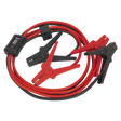 The Sealey Booster Cables 16mm² x 3m 400A with Electronics Protection - BC16403SR is a set of red and black jumper cables equipped with PVC sheathed cables, clamps, and a built-in voltage tester in the black-colored handle.