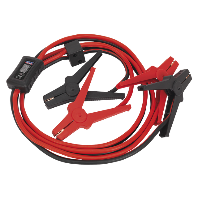 The Sealey Booster Cables 16mm² x 3m 400A with Electronics Protection - BC16403SR is a set of red and black jumper cables equipped with PVC sheathed cables, clamps, and a built-in voltage tester in the black-colored handle.