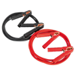 Image of Sealey's Booster Cables 25mm² x 3.5m 350A - BC2535 coiled neatly, with clamps on each end used for starting a vehicle with a dead battery. The PVC cable and copper-coated aluminum ensure maximum power transfer.