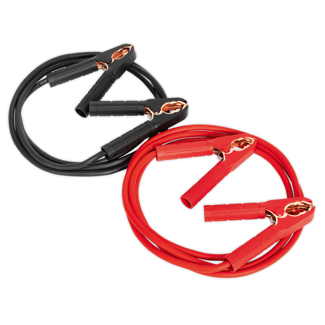 Image of Sealey's Booster Cables 25mm² x 3.5m 350A - BC2535 coiled neatly, with clamps on each end used for starting a vehicle with a dead battery. The PVC cable and copper-coated aluminum ensure maximum power transfer.