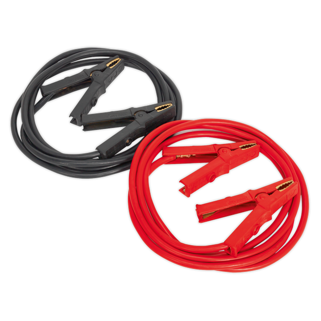 Two Sealey Heavy-Duty Booster Cables - 40mm² x 5m 600A - BC4050HD; one with black clamps and cable, the other with red clamps and cable, placed side by side on a white background.