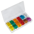 The Sealey Automotive MAXI Blade Fuse Assortment 36pc (BCF36) is a plastic case containing an array of brightly colored, transparent blade-type fuses organized in rows. The fuses come in various colors, including yellow, orange, green, red, blue, pink, and clear.