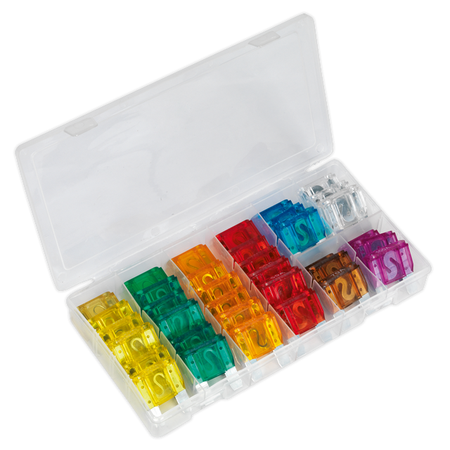 The Sealey Automotive MAXI Blade Fuse Assortment 36pc (BCF36) is a plastic case containing an array of brightly colored, transparent blade-type fuses organized in rows. The fuses come in various colors, including yellow, orange, green, red, blue, pink, and clear.