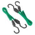 Two green Sealey Flat Bungee Cords (BCS16) measuring 610mm each, featuring heavy-duty steel hooks on both ends for securing or tying down items.