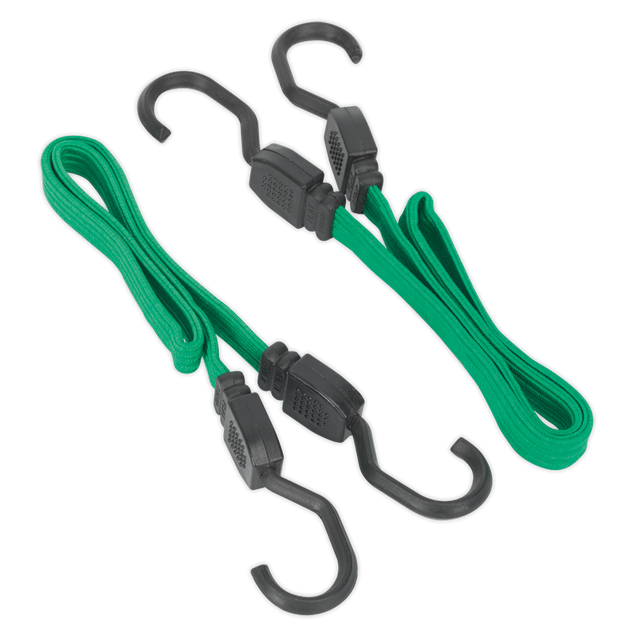 Two green Sealey Flat Bungee Cords (BCS16) measuring 610mm each, featuring heavy-duty steel hooks on both ends for securing or tying down items.