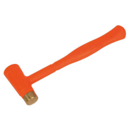 Orange rubber mallet with a brass head and a comfortable rubber grip on a white background. A quality product by Sealey, the Brass Faced Dead Blow Hammer 1.5lb - BFH24 ensures safety for various applications with its non-sparking design.