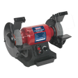Introducing the Sealey Bench Grinder Ø150mm Variable Speed - BG150WVS, a sophisticated tool featuring a red casing and black base, two grinding wheels, adjustable eye shields, protective shields, control switches, and an induction motor drive.