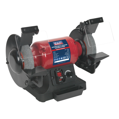 Introducing the Sealey Bench Grinder Ø150mm Variable Speed - BG150WVS, a sophisticated tool featuring a red casing and black base, two grinding wheels, adjustable eye shields, protective shields, control switches, and an induction motor drive.