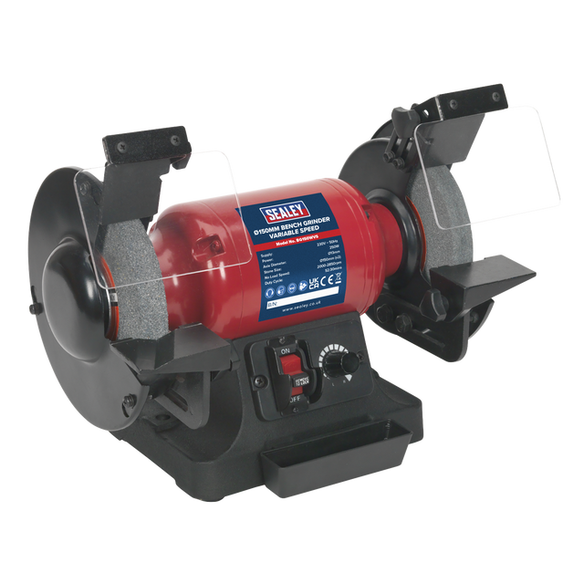 Introducing the Sealey Bench Grinder Ø150mm Variable Speed - BG150WVS, a sophisticated tool featuring a red casing and black base, two grinding wheels, adjustable eye shields, protective shields, control switches, and an induction motor drive.
