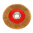 The Sealey Wire Wheel Ø200 x 13mm Ø32mm Bore Narrow - BG200/WW1, a circular brass-coated steel wheel with a red center and metal ring, is ideal for workshop descaling and cleaning tasks, particularly on bench grinders.