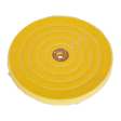 The Sealey Buffing Wheel Ø200 x 16mm Ø16mm Bore Coarse - BG200BWC is a circular, yellow, cotton buffing wheel with concentric stitched lines, suitable for bench grinders and featuring a central hole.