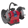 The Sealey Bench Grinder Ø200mm with Worklight 550W/230V - BG200WL features a red body, two grinding wheels with protective guards, a high-power induction motor ideal for workshop use, and an attached flexible lamp for overhead lighting.