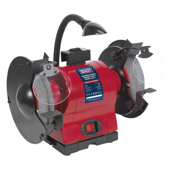 The Sealey Bench Grinder Ø200mm with Worklight 550W/230V - BG200WL features a red body, two grinding wheels with protective guards, a high-power induction motor ideal for workshop use, and an attached flexible lamp for overhead lighting.