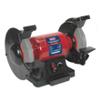 Introducing the Sealey Bench Grinder Ø200mm Variable Speed - BG200WVS, featuring a red body, dual grinding wheels, and protective shields. This electric bench grinder comes with an adjustable tool rest, a central power switch, and variable speed control for precise tool sharpening.