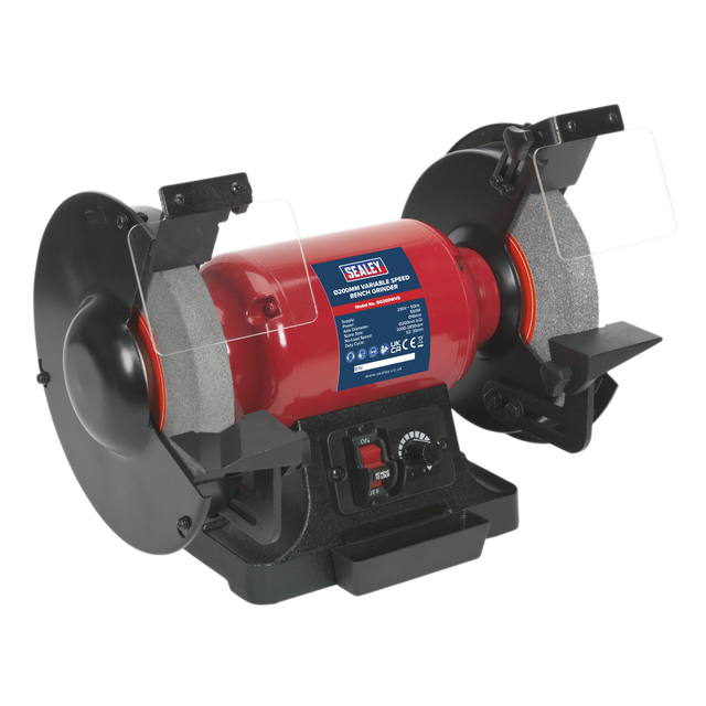 Introducing the Sealey Bench Grinder Ø200mm Variable Speed - BG200WVS, featuring a red body, dual grinding wheels, and protective shields. This electric bench grinder comes with an adjustable tool rest, a central power switch, and variable speed control for precise tool sharpening.
