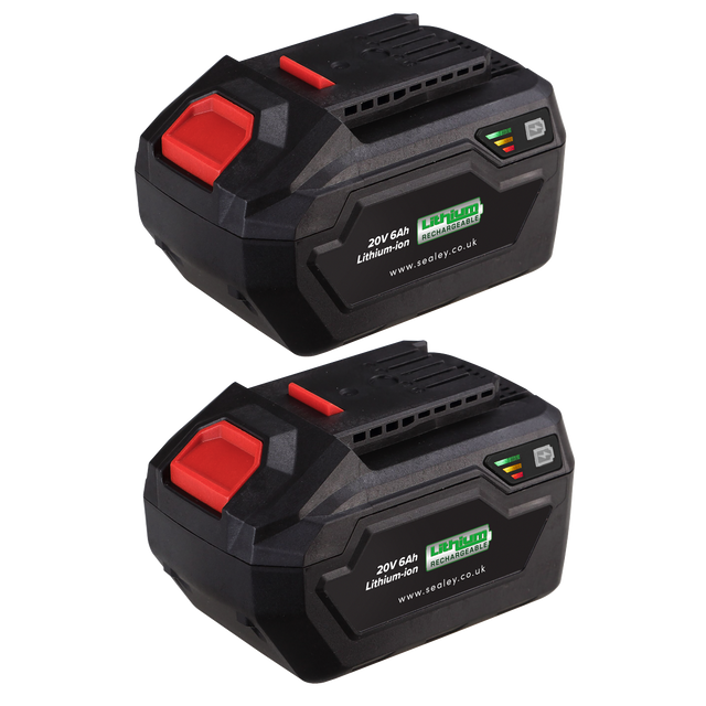 The Power Tool Battery Pack 20V 6Ah Kit for SV20 Series - BK06 by Sealey includes two black rechargeable lithium-ion batteries with red accents and green LED indicators. Labeled "20V 6Ah" and featuring the website "sealey.co.uk," these batteries deliver reliable performance for your high-demand tasks.