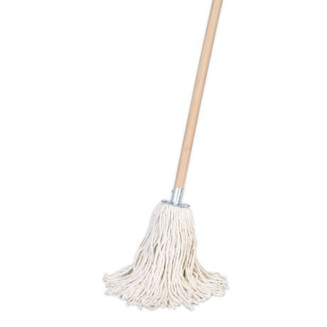 A mop from Sealey with a highly absorbent wooden handle and 225g of pure yarn cotton strands, known as the Pure Yarn Cotton Mop 225g - BM02.