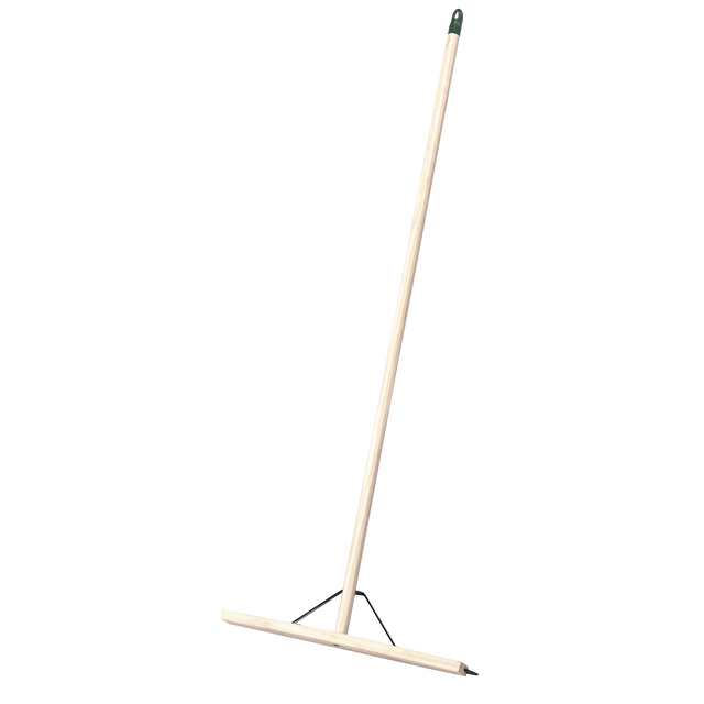 The Rubber Floor Squeegee 24"(600mm) with Wooden Handle - BM24RS by Sealey features a robust wooden handle and a rubber blade angled towards the ground, designed for efficiently sweeping large floor areas. For added durability, it includes metal strengthening support, making it perfect for handling not just dust but also liquid spills.