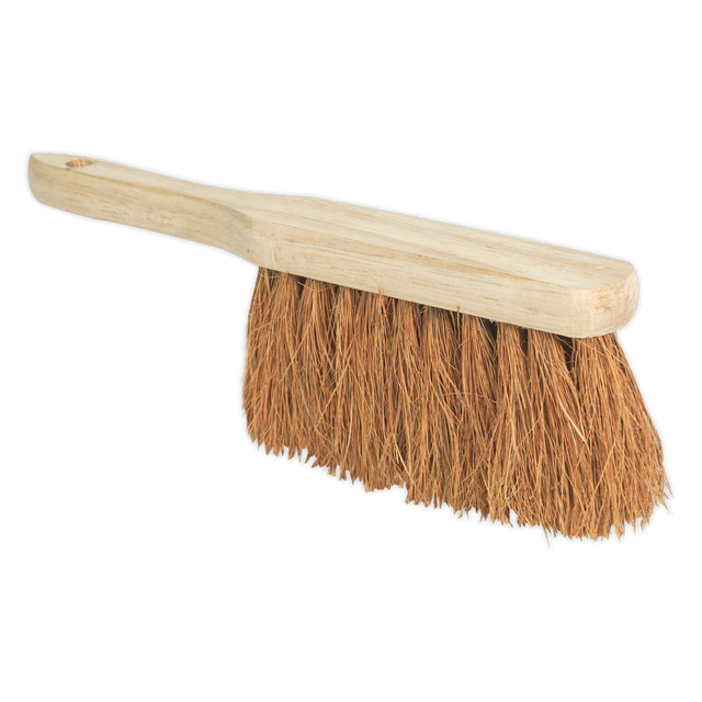 A handheld brush with an ergonomic wooden handle, a hardwood finish, and stiff brown bristles, known as the Sealey Hand Brush 11"(280mm) Soft Bristle - BM25S.
