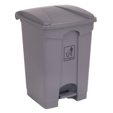 The Sealey Pedal Bin 45L Plastic - BM60, shown in grey and made from heavy-duty polypropylene, features a pedal-operated lid for hands-free operation. A symbol on the bin indicates that fire is prohibited. Maximum capacity 45L.