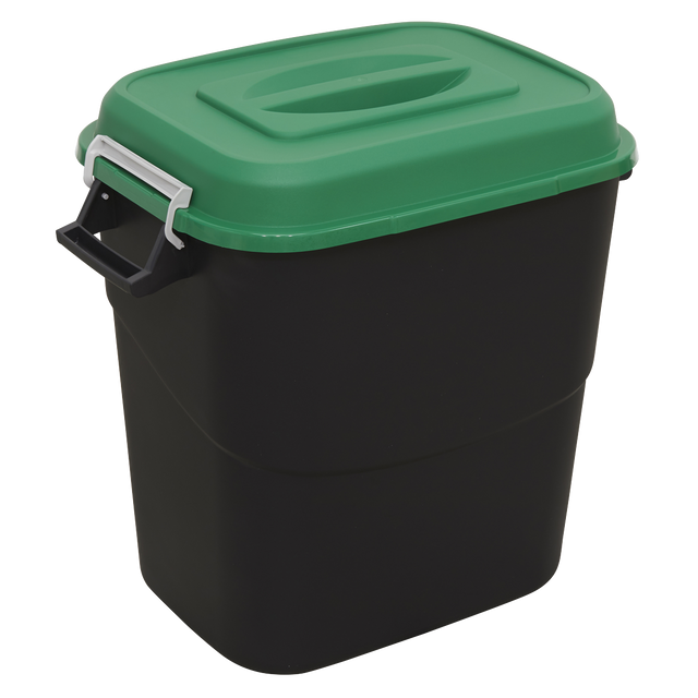 Sealey Refuse/Storage Bin 75L - Green (BM75G) featuring a black polypropylene body, a green lid, and a black handle.