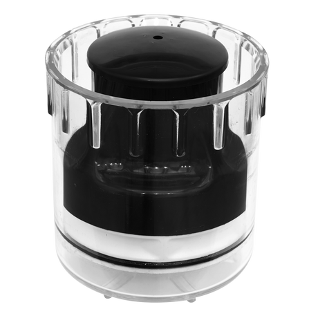 A transparent cylindrical container with a black internal component, possibly a kitchen appliance part or accessory, boasting an impact-resistant cup.