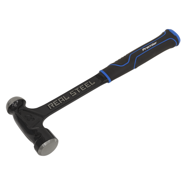 A Ball Pein Hammer 32oz One-Piece (Model BPHX32) by Sealey in black and blue, featuring a dual-faced head, shock reducing grip, and cushioned handle, labeled "Premier Hand Tools.