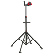 Introducing the Sealey Workshop Bicycle Stand - BS103: a heavy-duty bicycle stand with an adjustable work height. It features a sleek black tripod design and red knobs for securing equipment, along with a rubber-coated frame clamp and a stable base with three extendable legs.
