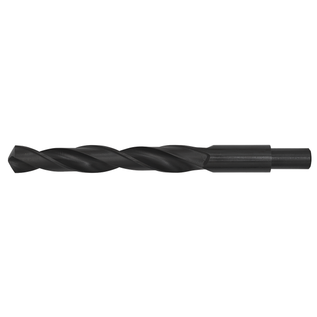 Close-up image of the Sealey Blacksmith Bit - Ø16 x 180mm (BSB16.0) with a black oxide finish, cylindrical shank, and spiral flutes, highlighting its HSS roll forged construction.