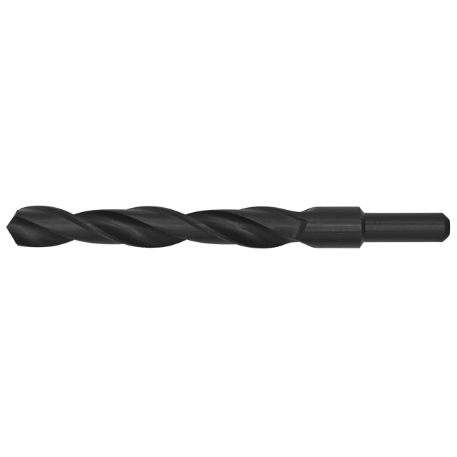 Introducing the Sealey Blacksmith Bit - Ø18 x 190mm - BSB18.0, a black metal HSS roll forged drill bit featuring a hex shank, black oxide finish, and spiral grooves designed for precise drilling purposes.